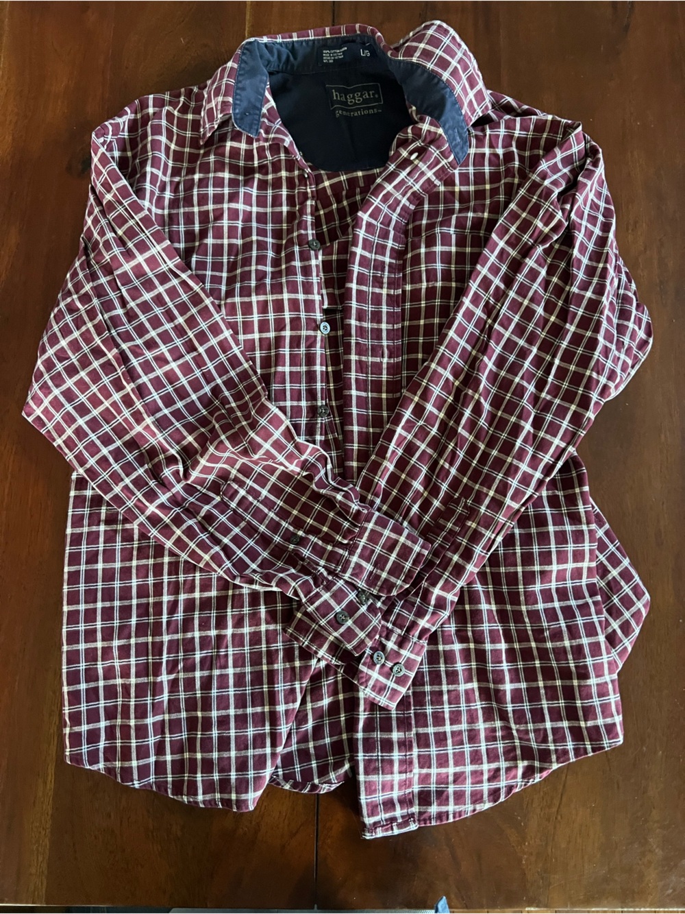 Haggar UNISEX Burgundy Plaid Button-Down Shirt with Navy Trim